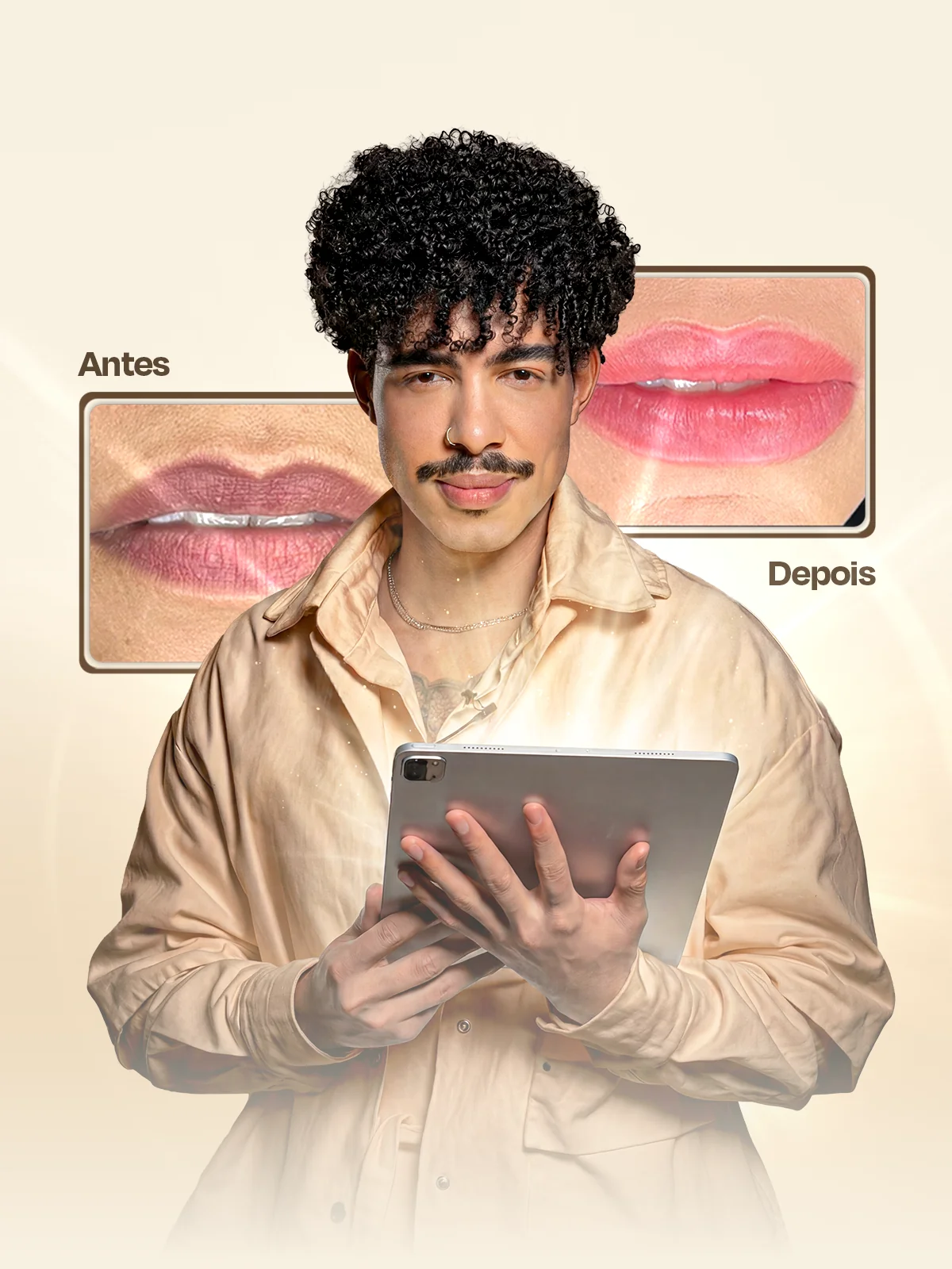 Lucas Cupertino segurando um tablet, com mockups de antes e depois de procedimentos labiais ao fundo